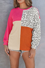 Load image into Gallery viewer, Rose Leopard Patchwork Color Block Ribbed Long Sleeve Top | Tops/Long Sleeve Tops