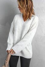 Load image into Gallery viewer, White V neck Drop Shoulder Sweater