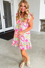 Load image into Gallery viewer, Floral Print Dress | Pink Abstract Flutter Sleeve Buttoned Dress