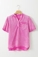 Load image into Gallery viewer, Bright Pink Mineral Wash Split Neck Pocket Patched Denim Top