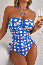 Load image into Gallery viewer, Blue Folk Gingham Halter Ruched Bodice Drawstring Ties One Piece Swimwear