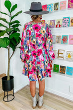 Load image into Gallery viewer, Multicolour Floral Tie Neck Bubble Sleeve Shift Dress
