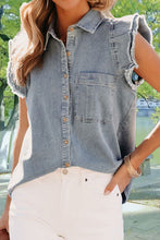 Load image into Gallery viewer, Womens Denim Top | Raw Hem Button Up Cap Sleeve Denim Top | Tops/Blouses & Shirts