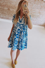 Load image into Gallery viewer, Blue Ricrac Trim Split Neck Floral Loose Dress | Dresses/Floral Dresses