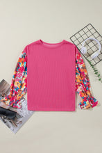 Load image into Gallery viewer, Pink Flower Patchwork Top | Ruffled Sleeve Ribbed Knit