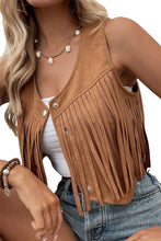 Load image into Gallery viewer, Camel Fringed Snap Button Front Suedette Vest | Outerwear/Jackets
