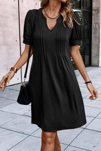 Load image into Gallery viewer, Black Notched Neck Pleated Puff Sleeve Shift T-shirt Dress | Dresses/T Shirt Dresses