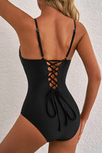 Load image into Gallery viewer, Black Thin Strap Strappy Lace-up Open Back One Piece Swimsuit