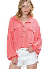 Load image into Gallery viewer, Pink Corded Flap Pocket Henley Top | Tops/Long Sleeve Tops