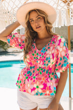 Load image into Gallery viewer, Pink Boho Flower Print Puff Sleeve Peplum Top | Tops/Tops & Tees