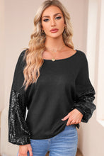 Load image into Gallery viewer, Waffle Knit Top | Black Sequin Patchwork Sleeve Open Back