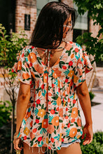 Load image into Gallery viewer, Apricot Floral Print Short Sleeve V Neck Tied Back Blouse | Tops/Blouses & Shirts