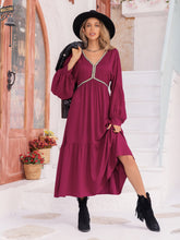 Load image into Gallery viewer, Bohemian Midi Dress | V-Neck Lantern Sleeve Dress