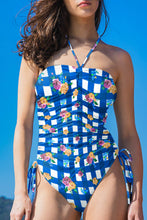 Load image into Gallery viewer, Blue Folk Gingham Halter Ruched Bodice Drawstring Ties One Piece Swimwear