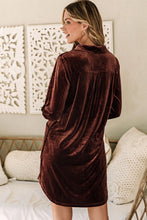 Load image into Gallery viewer, Coffee Collared V Neck Two Pockets Shift Velvet Dress