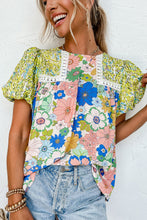 Load image into Gallery viewer, Green Bubble Sleeve Lace Trim Floral Mixed Print Blouse | Tops/Blouses & Shirts