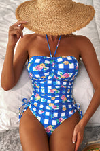 Load image into Gallery viewer, Blue Folk Gingham Halter Ruched Bodice Drawstring Ties One Piece Swimwear