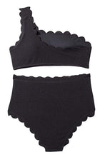 Load image into Gallery viewer, Black Solid Scalloped One-Shoulder Bikini | Swimwear/Bikinis