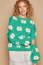 Load image into Gallery viewer, Woman wearing green drop shoulder daisy sweater with round neck and oversized fit, perfect for women's winter clothes and cozy fashion styles.