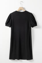 Load image into Gallery viewer, Black Notched Neck Pleated Puff Sleeve Shift T-shirt Dress | Dresses/T Shirt Dresses
