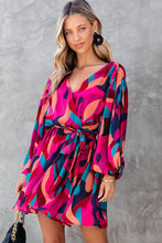 Load image into Gallery viewer, Fiery Red Abstract Printed Belted Puff Sleeve Mini Dress | Dresses/Mini Dresses