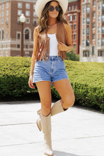 Load image into Gallery viewer, Camel Fringed Snap Button Front Suedette Vest | Outerwear/Jackets