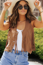 Load image into Gallery viewer, Camel Fringed Snap Button Front Suedette Vest | Outerwear/Jackets