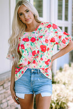 Load image into Gallery viewer, V Neck Blouse | Red Floral Print Ruffled Short Sleeve