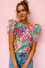 Load image into Gallery viewer, Multicolor Vibrant Floral Print Trimmed Ruffle Sleeve Blouse | Tops/Blouses & Shirts