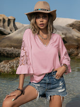 Load image into Gallery viewer, Pink V-Neck Lace Flounce Sleeve Blouse