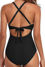 Load image into Gallery viewer, Black 2-tone Crossed Cutout Backless Monokini | Swimwear/One Piece Swimsuit