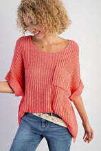 Load image into Gallery viewer, Fresh Salmon Rolled Cuffs Loose Knit Tee with Slits | Tops/Short Sleeve Sweaters