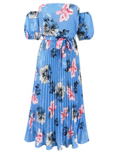 Load image into Gallery viewer, Off Shoulder Midi Dress | Pleated Floral Short Sleeve Dress