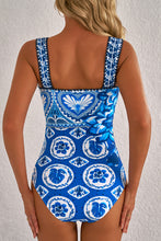 Load image into Gallery viewer, Blue Tile Pattern Ricrac Wide Straps Sheath One Piece Swimsuit