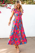 Load image into Gallery viewer, Rose Red Boho Floral V Neck Ruffle Tiered Long Dress | Dresses/Maxi Dresses