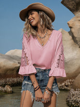 Load image into Gallery viewer, Pink V-Neck Lace Flounce Sleeve Blouse