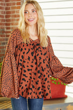 Load image into Gallery viewer, Brown Contrast Leopard Print Bubble Sleeve Blouse | Tops/Blouses & Shirts