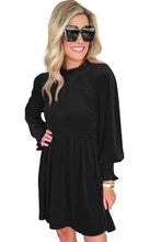 Load image into Gallery viewer, Black Velvet Mini Dress | Frilled Neck Smocked Bodice Dress