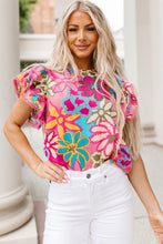 Load image into Gallery viewer, Multicolor Vibrant Floral Print Trimmed Ruffle Sleeve Blouse | Tops/Blouses & Shirts