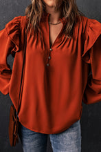 Load image into Gallery viewer, Orange Ruffled Pleated Buttoned V Neck Blouse | Tops/Blouses & Shirts
