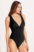 Load image into Gallery viewer, Black Deep V Neck Crossover Backless Ruched High Cut Monokini | Swimwear/One Piece Swimsuit