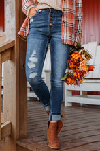 Load image into Gallery viewer, Blue Distressed Button Fly High Waist Skinny Jeans | Bottoms/Jeans