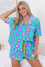 Load image into Gallery viewer, Green Flower Print Short Sleeve Shirt Pajamas Set | Loungewear & Sleepwear/Sleepwear