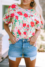 Load image into Gallery viewer, V Neck Blouse | Red Floral Print Ruffled Short Sleeve