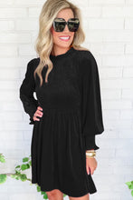 Load image into Gallery viewer, Black Velvet Mini Dress | Frilled Neck Smocked Bodice Dress