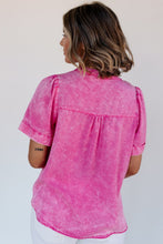 Load image into Gallery viewer, Bright Pink Mineral Wash Split Neck Pocket Patched Denim Top