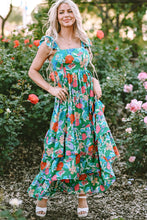 Load image into Gallery viewer, Green Floral Print Sleeveless Ruffle Tiered Maxi Dress | Dresses/Floral Dresses