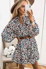 Load image into Gallery viewer, Blue Leopard Print Bubble Sleeve Ruffled Shirt Dress