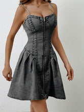 Load image into Gallery viewer, Denim Dress | Ruched Zip Up Spaghetti Strap Denim Dress