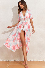 Load image into Gallery viewer, White Floral Print Lace Splicing Knot Front Beach Cover Up | Swimwear/Beach Cover-ups